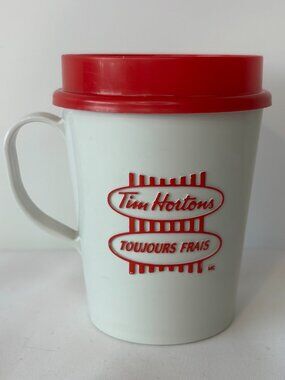 Vintage Tim Hortons Always Fresh Bilingual Plastic Travel Cup Mug White Red Lid